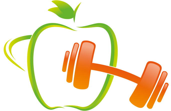 Logo Ich bin Stark Ein grüner Apfel mit einem orangefarbenen Hantelmotiv.